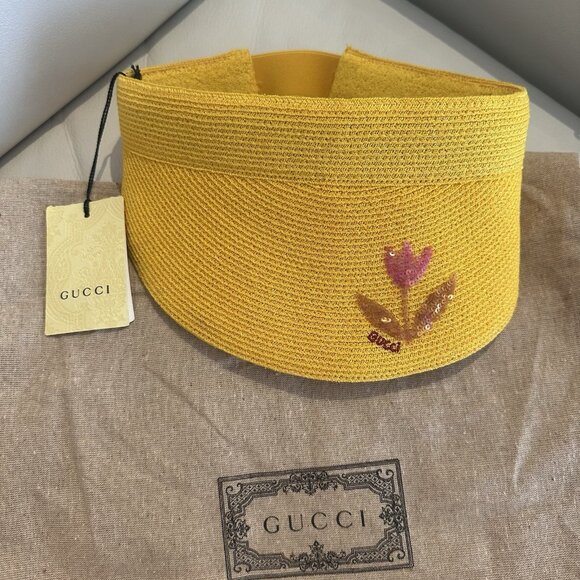 NWT GUCCI Hat Sun Visor Straw Yellow Sz L 100% Authentic - Picture 4 of 11
